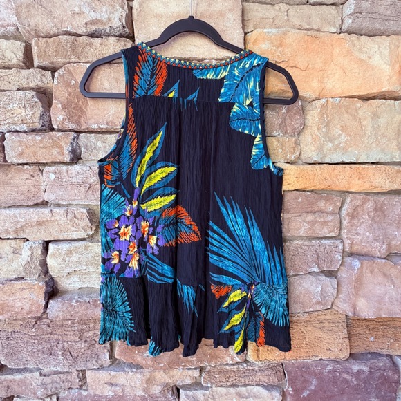 Patrons of Peace Tropical Embroidered Crinkle Ruffle Women Tank Top Boho Artsy - Picture 2 of 10